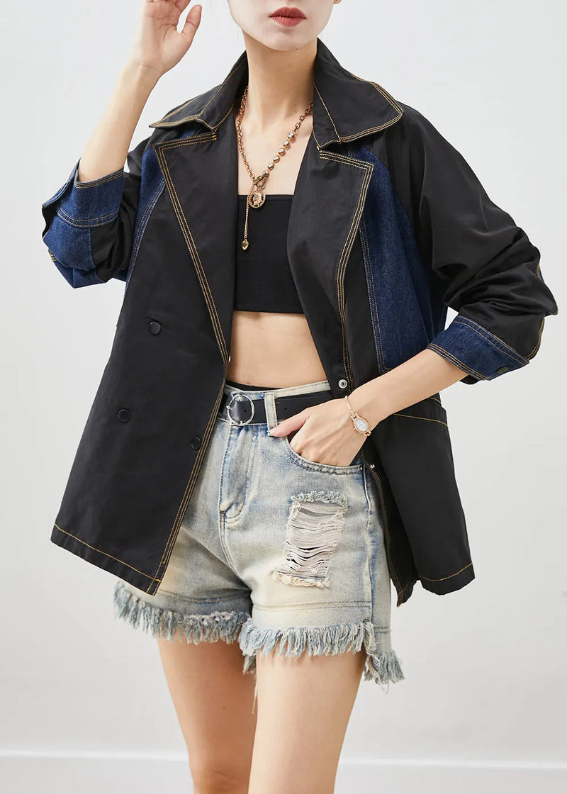 Style Black Oversized Denim Patchwork Cotton Jackets Fall