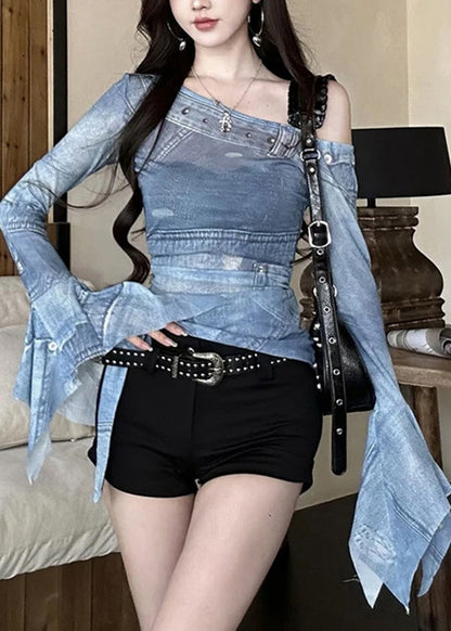 New Off Shoulder Tulle Irregular Printed T-shirt Flare Sleeve