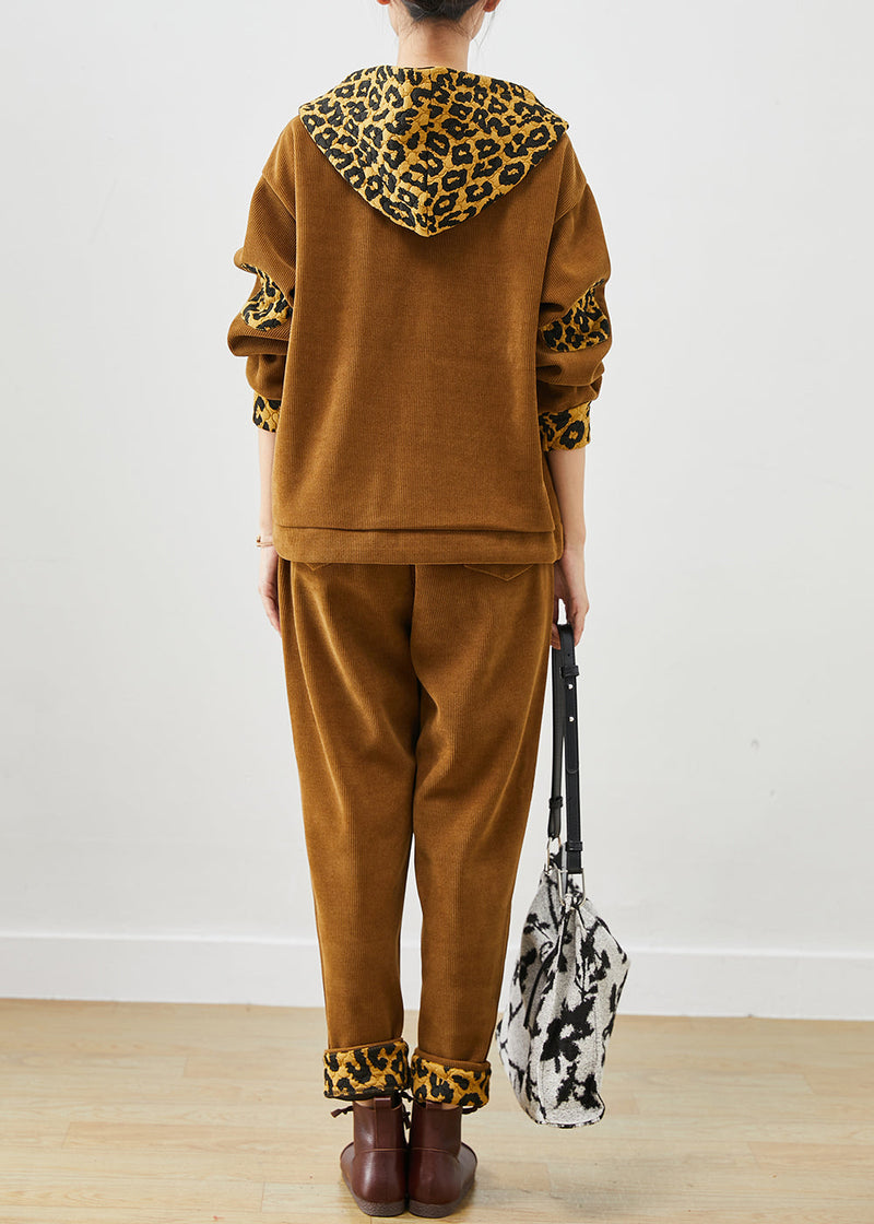 Diy Khaki Leopard Patchwork Drawstring Warm Fleece Two Pieces Set Winter