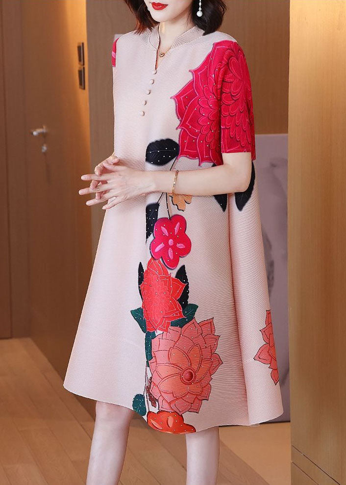 Apricot Stand Collar Wrinkled Print Silk a Line Dress Short Sleeve