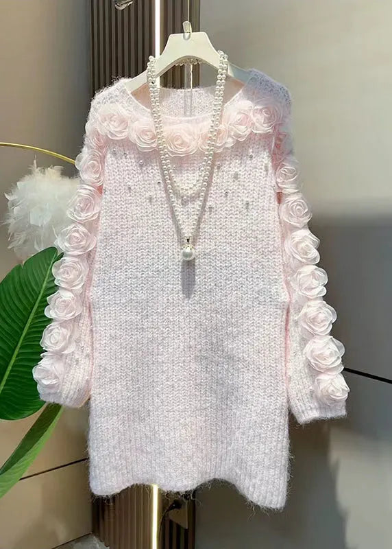 French White O Neck Knit Sweater Dress Spring