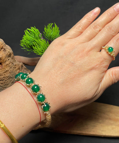 Classy Green Sterling Silver Overgild Agate Cuff Two Piece Set
