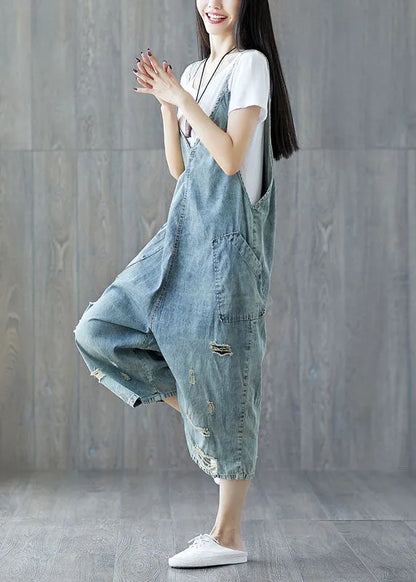 Modern Light Blue Pockets Ripped Jeans Loose Jumpsuit Spring