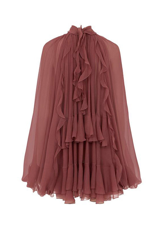 French Brick Red Ruffled Patchwork Chiffon Shirt Tops Spring