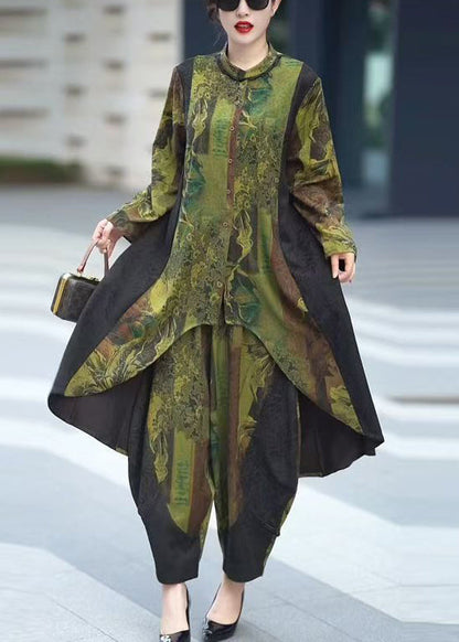 Green Button Patchwork Tops and Crop Pants Silk Two Pieces Set Fall