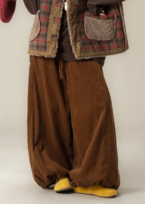 Brown Oversized Drawstring Corduroy Wide Leg Pants Spring