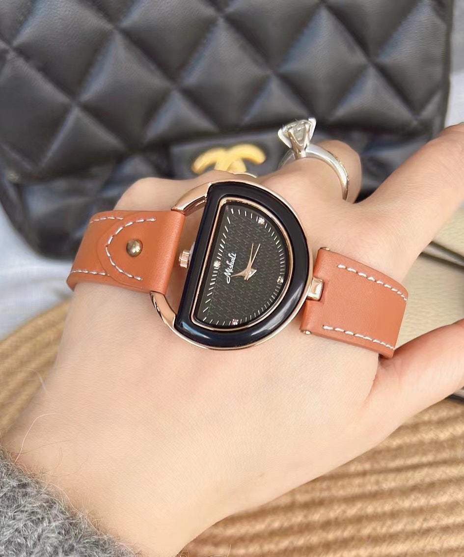 Brown Leather Alloy Hardlex Crystal Semicircle Watches