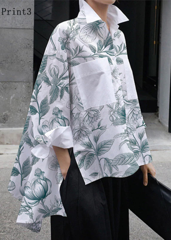 Natural Yellow Flower Peter Pan Collar Low High Design Button Pockets Cotton Shirts Long Sleeve Fall