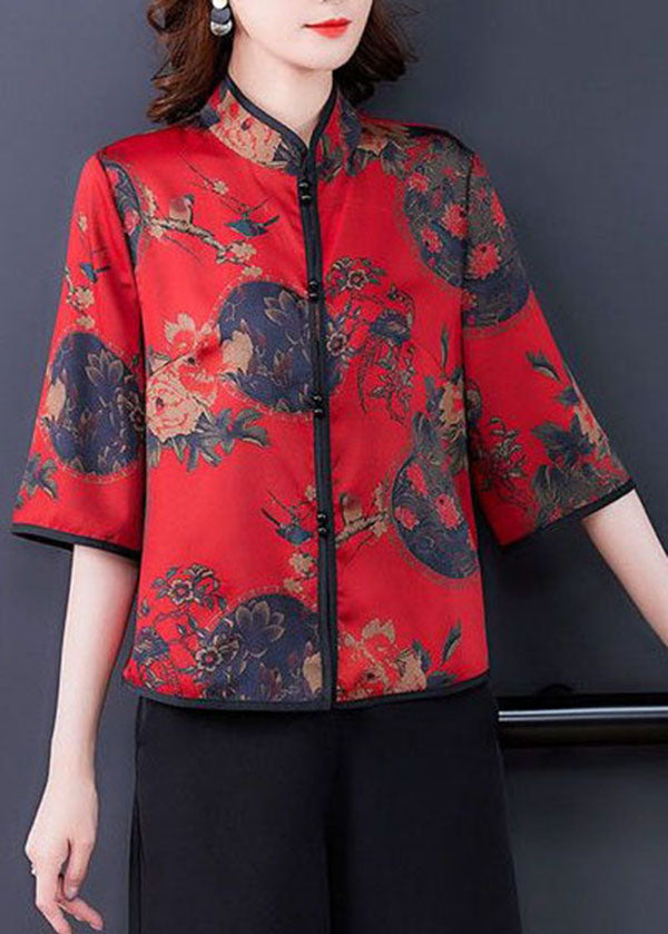 Red Mandarin Collar Button Silk Shirt Half Sleeve