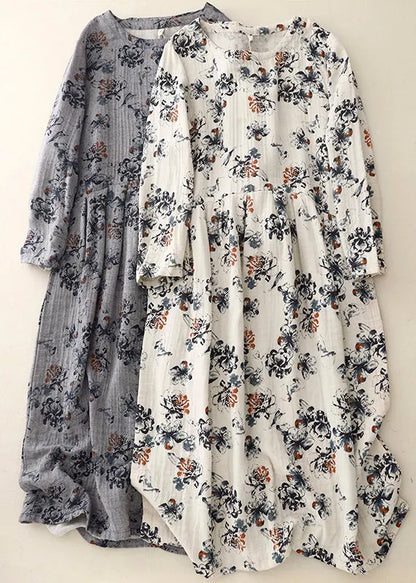 White Oversized Print Linen Maxi Dresses Spring