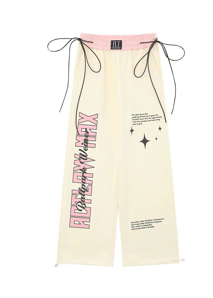 American Style Apricot Graphic Drawstring Cotton Straight Pants Spring