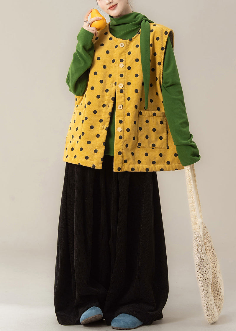 Japanese Style Yellow Dot Corduroy Vest and T Shirt Pants Set Winter