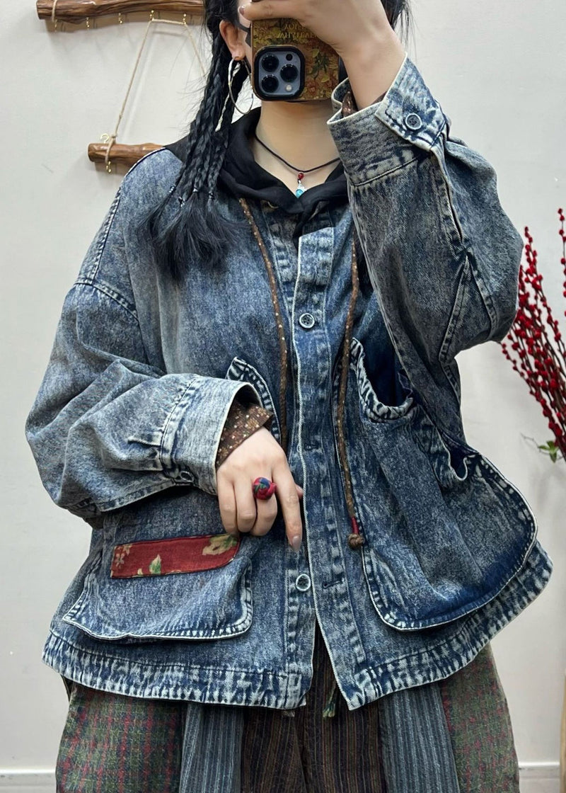Blue Button Pockets Patchwork Denim Coat Fall