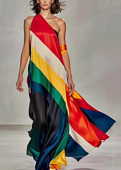 Rainbow Striped Cold Shoulder Silk Maxi Dress Sleeveless