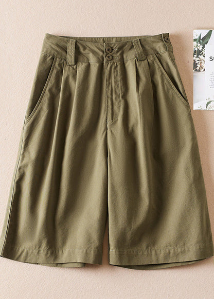 Army Green Pockets High Waist Cotton Shorts Summer