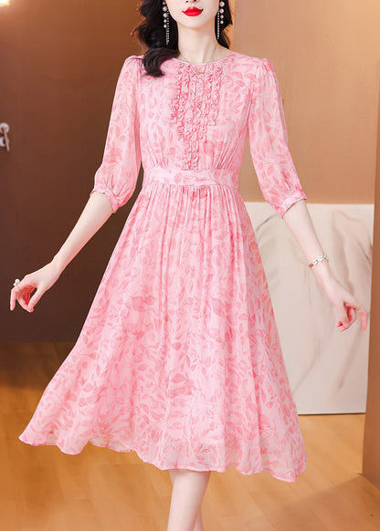 Pink Ruffled Print Silk Dresses Half Sleeve