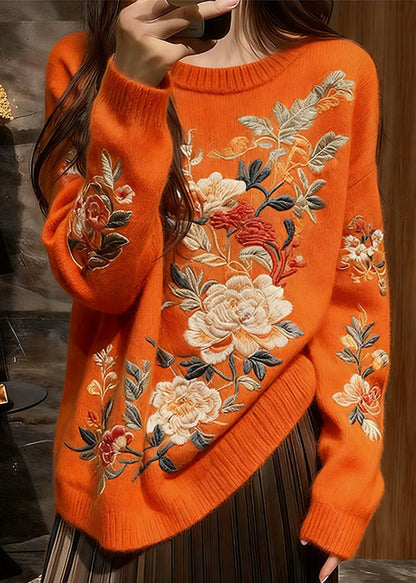 Boutique Orange O Neck Thick Knit Sweaters Winter