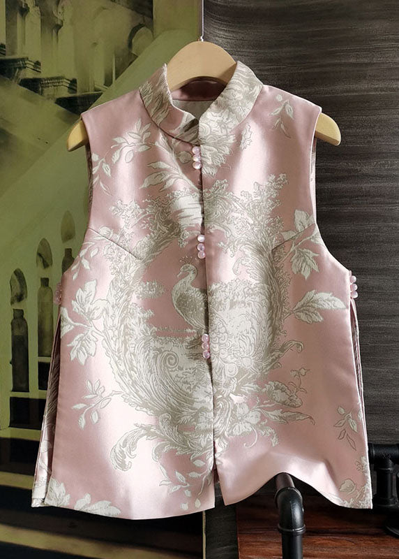Pink Stand Collar Peacock Jacquard Silk Vest Sleeveless