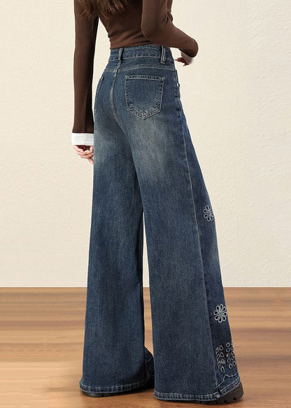 Handmade Blue Embroidered Hollow Out Denim Flared Trousers Fall