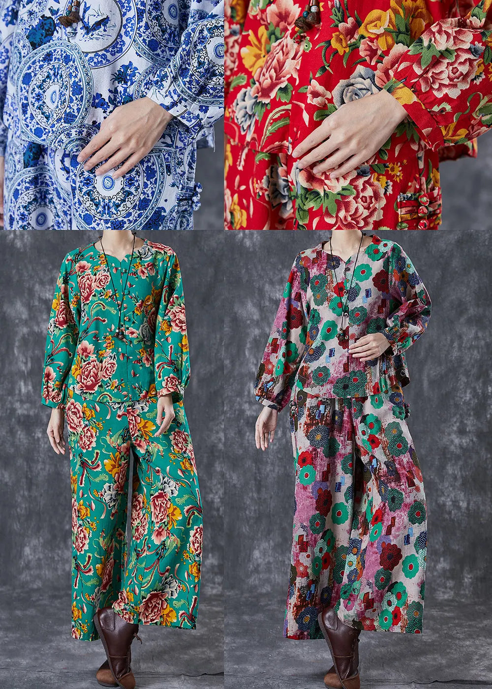 Green Print Chinese Button Linen Two Piece Set Fall