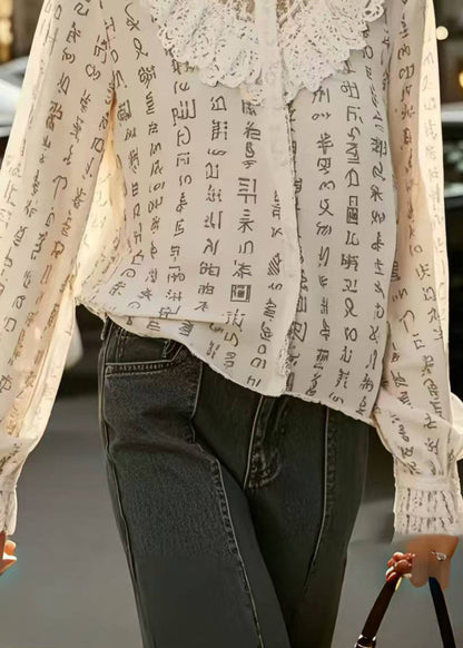 Beige Print Patchwork Lace Hollow Out Shirts Spring