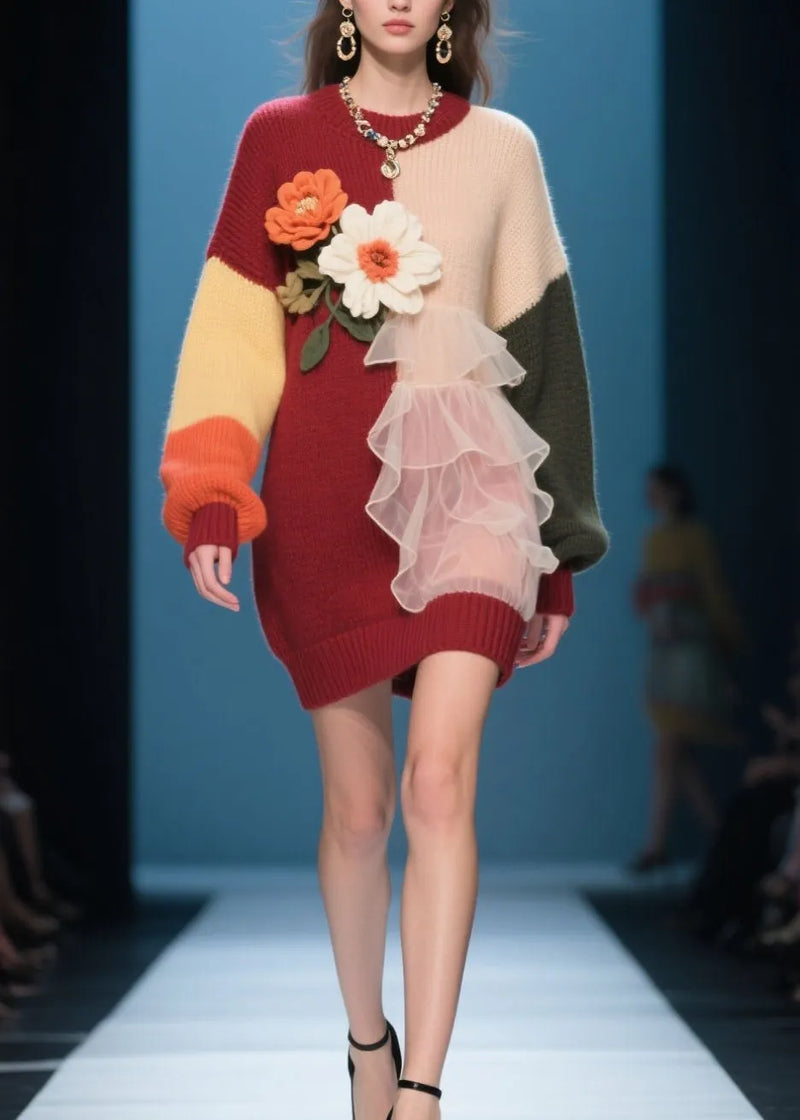 Modern O-neck Ruffled Knit Long Knit Dress Winter