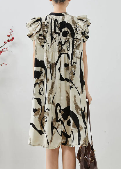 Print Wrinkled Chiffon Mid Dress Butterfly Sleeve