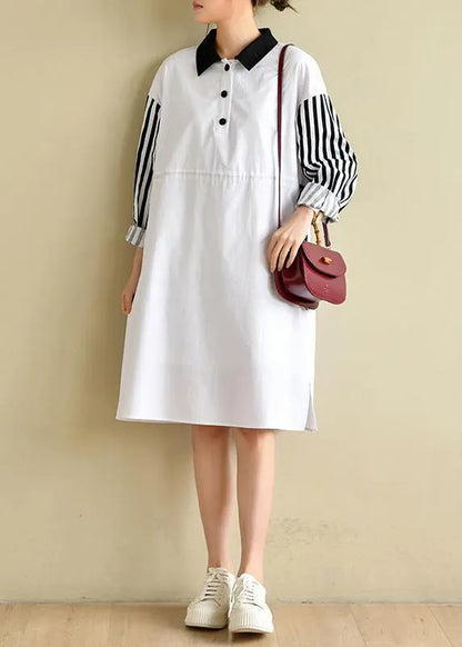 French Peter Pan Collar Striped Dresses Big Hem Cotton Dress