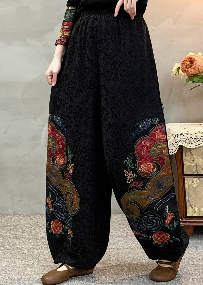 Black Embroidered Oversized Linen Pants Spring
