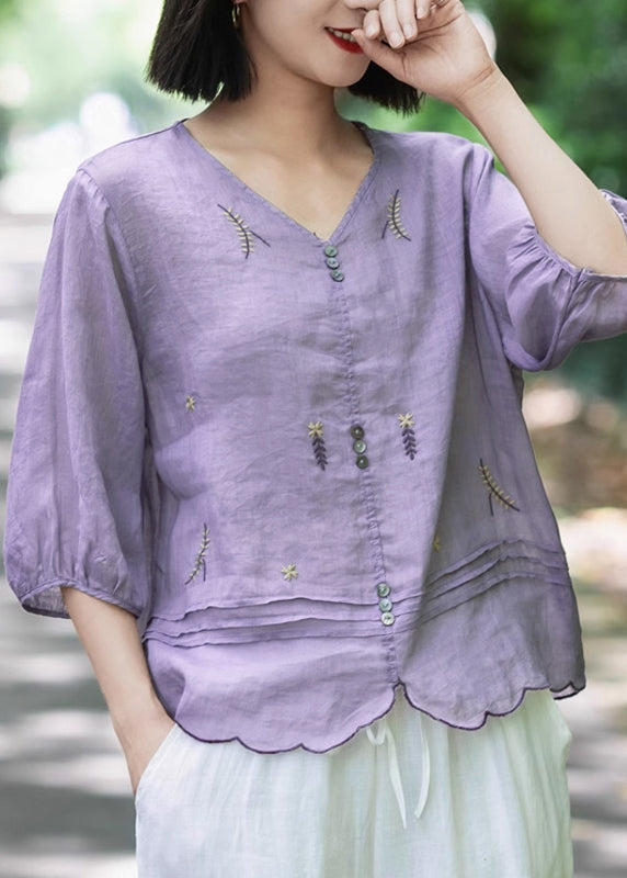 Pink V Neck Embroideried Wrinkled Ramie Tops Fall