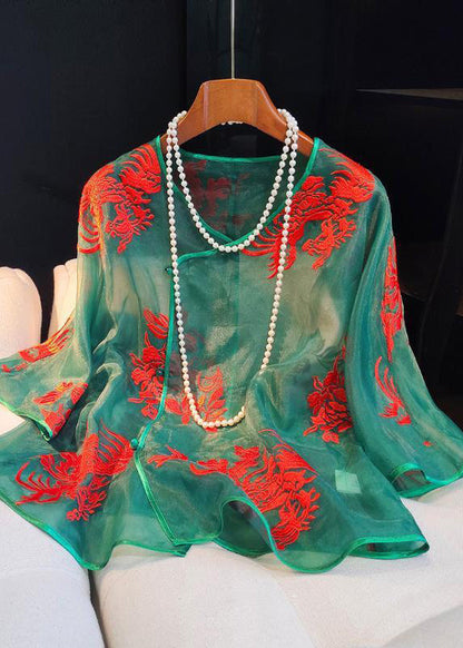 Original Green Embroidered Silk Blouses Long Sleeve