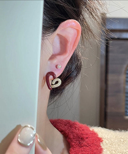 Diy Colorblock Asymmetric Copper Overgild Zircon Love Stud Earrings