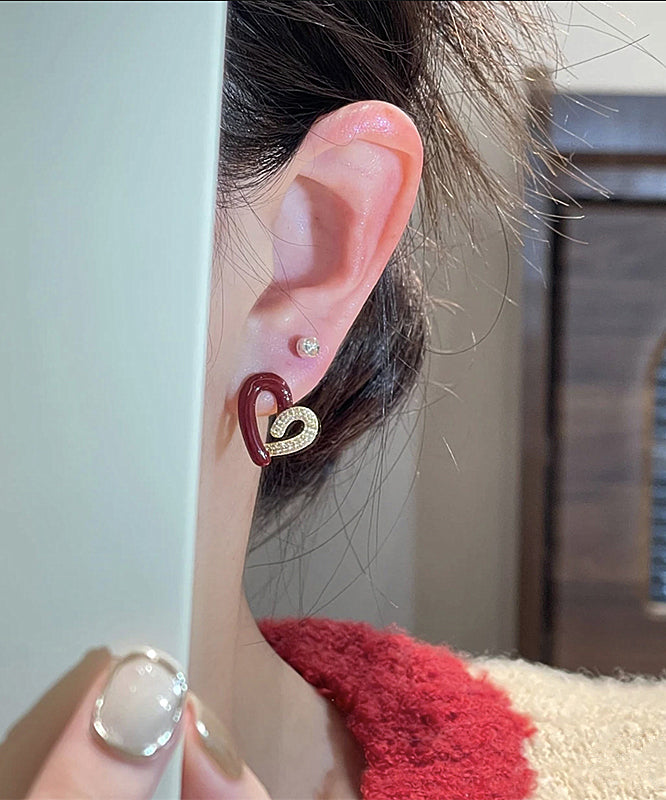 Diy Colorblock Asymmetric Copper Overgild Zircon Love Stud Earrings
