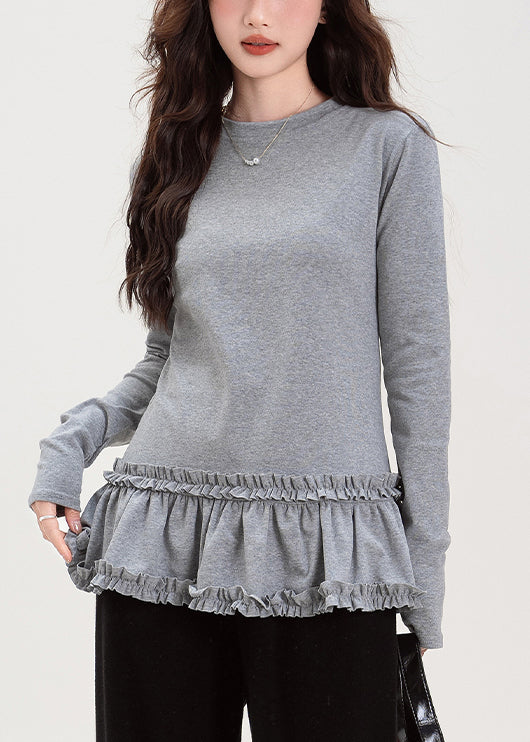 Grey Ruffled Cotton T Shirt Tops O Neck
