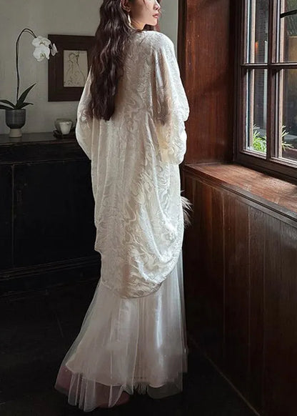 Fitted White V Neck Patchwork Long Dress Lantern Sleeve