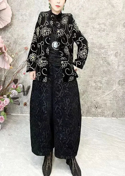 Chinese Style Black O Neck Velour Short Coat Spring