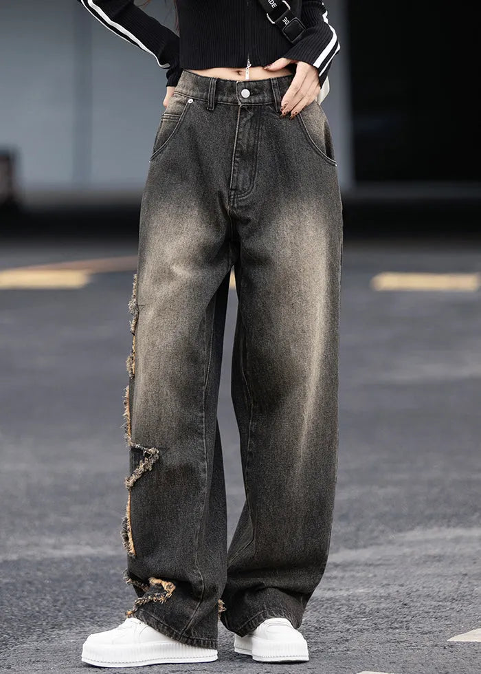 Black Grey Pockets Patchwork Denim Pants Fall