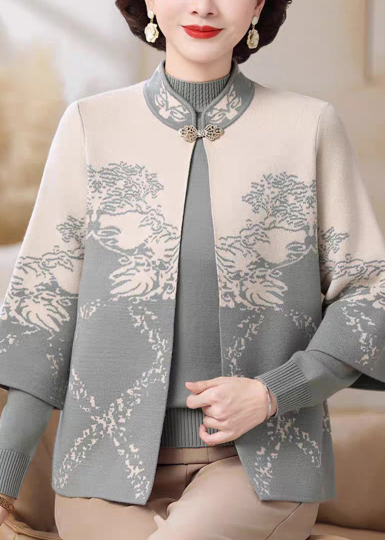 Chinese Style Blue Stand Collar Cotton Knit Cardigans and Sweater Two Pieces Set Fall