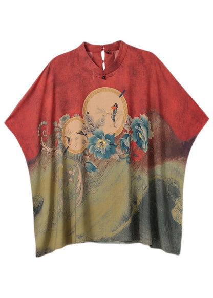 Red O-neck Print Side Open Silk Top Half Sleeve
