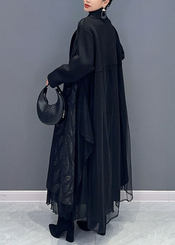 Black Notched Tulle Patchwork Maxi Cardigans Long Sleeve