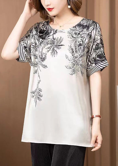 Grey O Neck Print Patchwork Silk T Shirt Short Sleeve