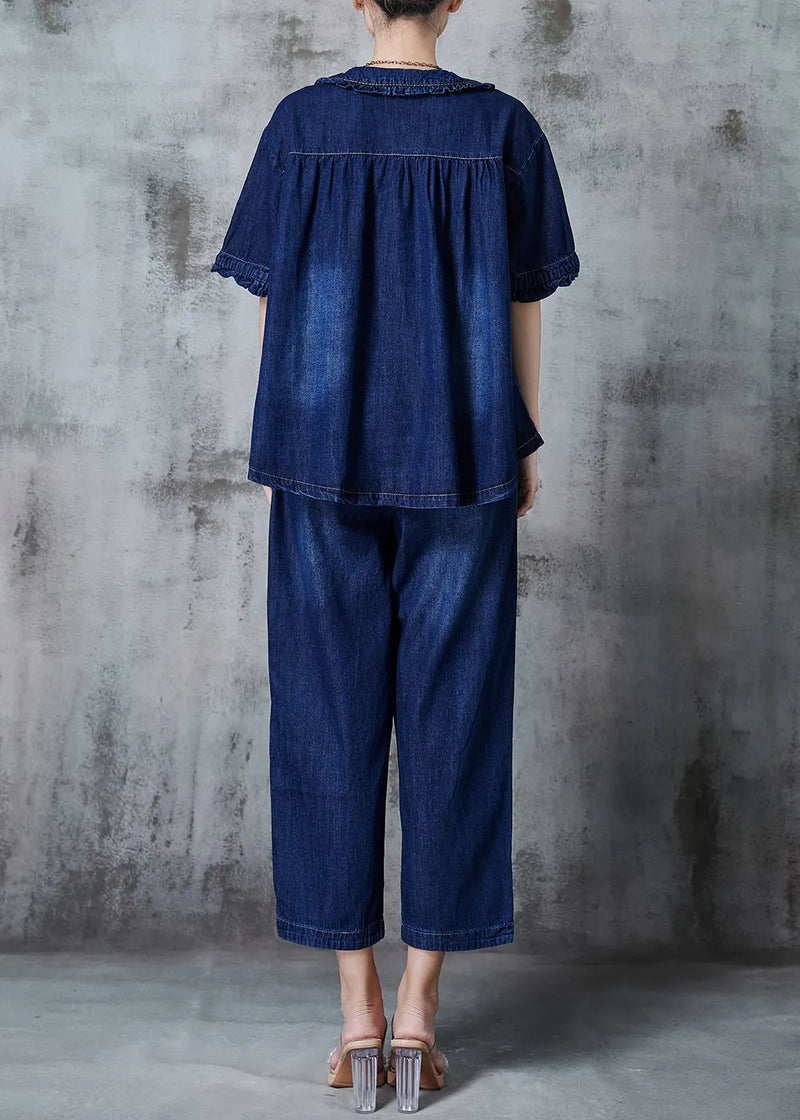 Navy Embroidered Patchwork Denim Two Pieces Set Summer