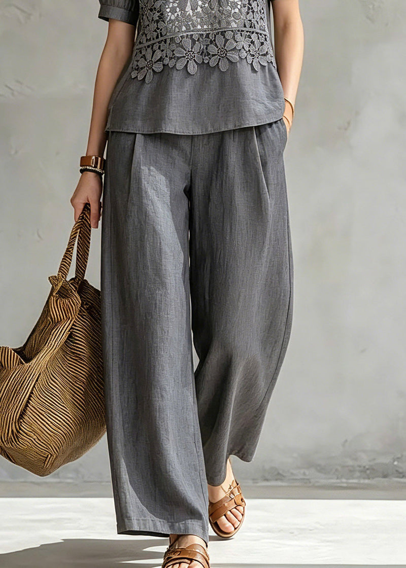 Loose Grey Stand Collar Shirt and Wide Leg Pants Two Pieces Set Summer
