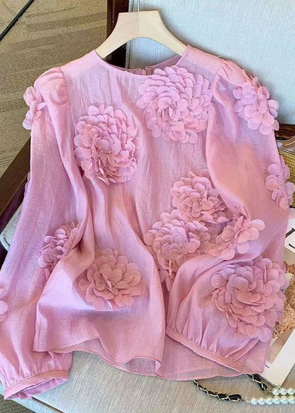 Unique Pink O Neck Decorated Chiffon Shirt Tops Spring