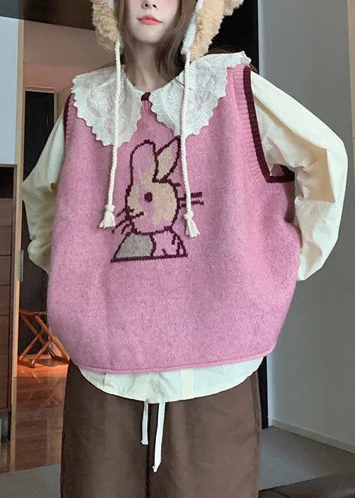 New Pink O-neck Waistcoat and Blouses Cotton Knit Two Pieces Set Fall