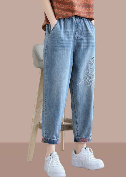 Classy Denim Blue Pant Spring Elastic Waist Embroidery Work Outfits Trousers