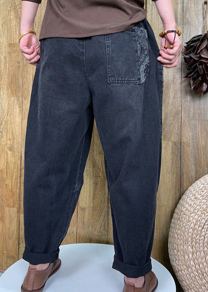 Style Black Button Patch Applique Denim Pants Spring
