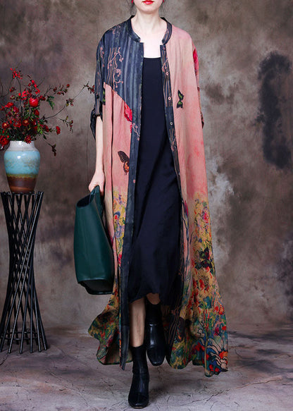 Colorblock Stand Collar Pockets Patchwork Silk Trench Coats Long Sleeve