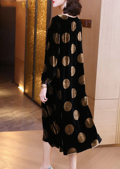 Black Dot Print Velour Dress Spring