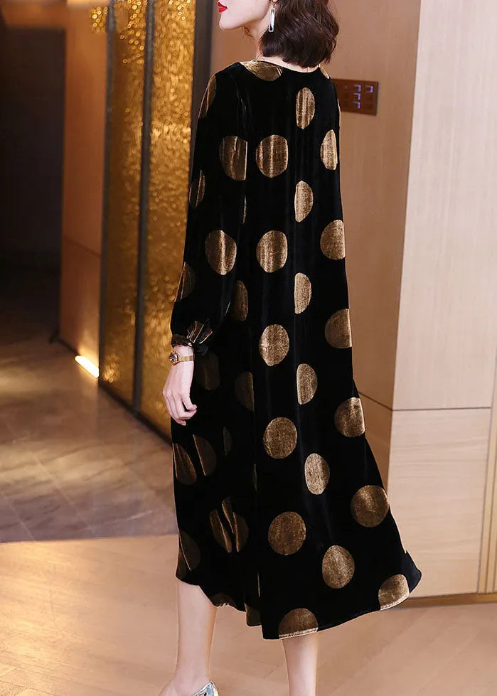 Black Dot Print Velour Dress Spring